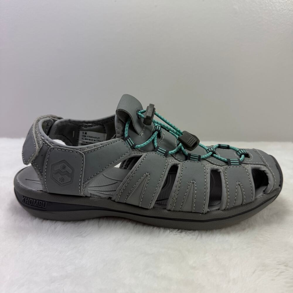 Khombu Ashley Gray Outdoor Sandals with Turquoise Bungee Size 9